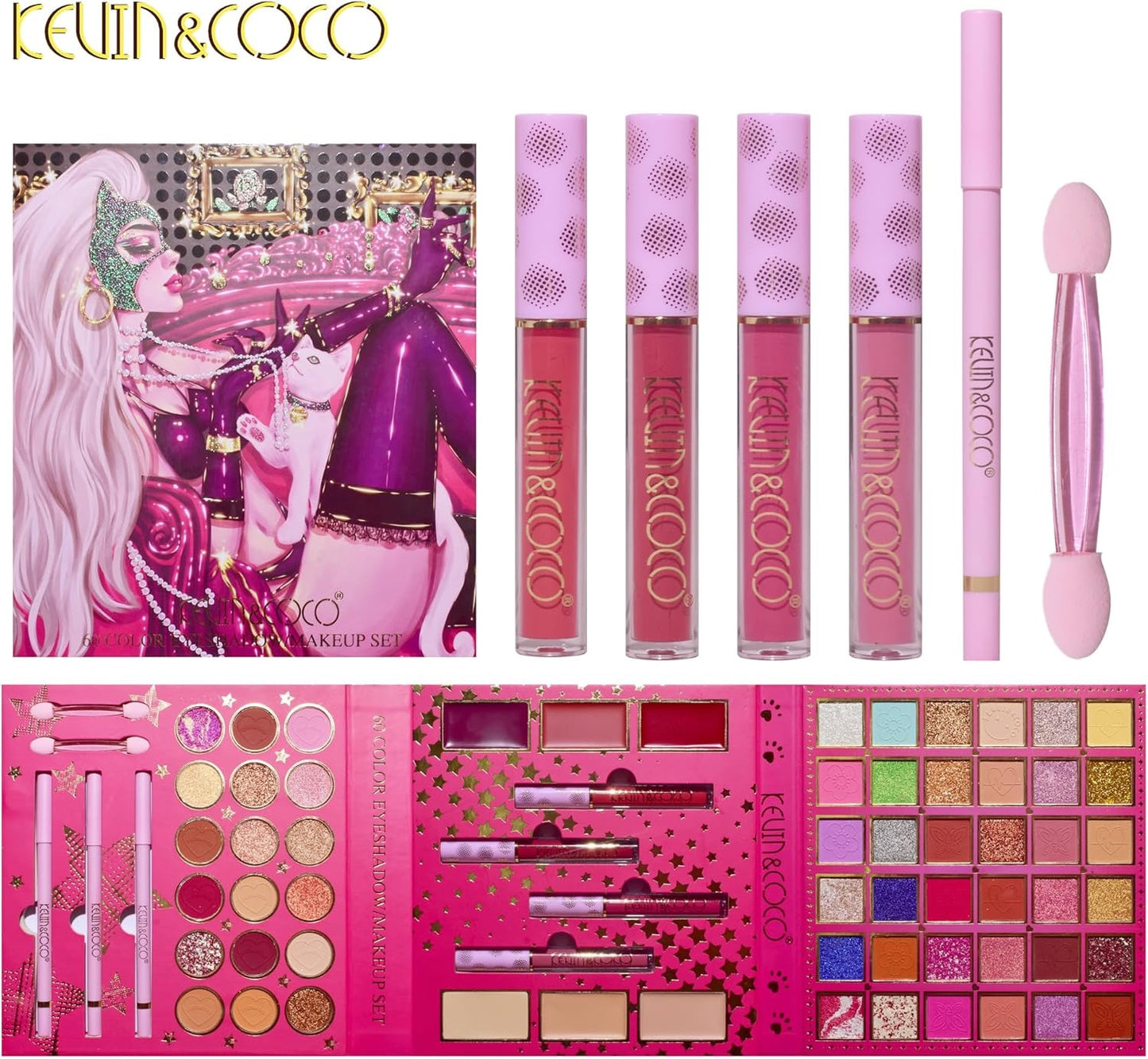Paleta de Sombra de Ojos, Brillos Labiales en Crema/Líquido, Maquillaje de Contorno en Polvo y Lápiz Perfilador de Labios. 60 Colores.