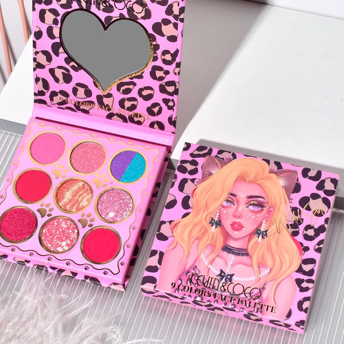 Paleta de Sombra de Ojos en Polvo KEVIN & COCO Pink de 9 Colores y Coloretes