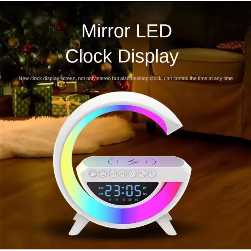 Lámpara de Mesa LED en forma G, con varias funciones alarma, cargador, altavoz y lámpara.