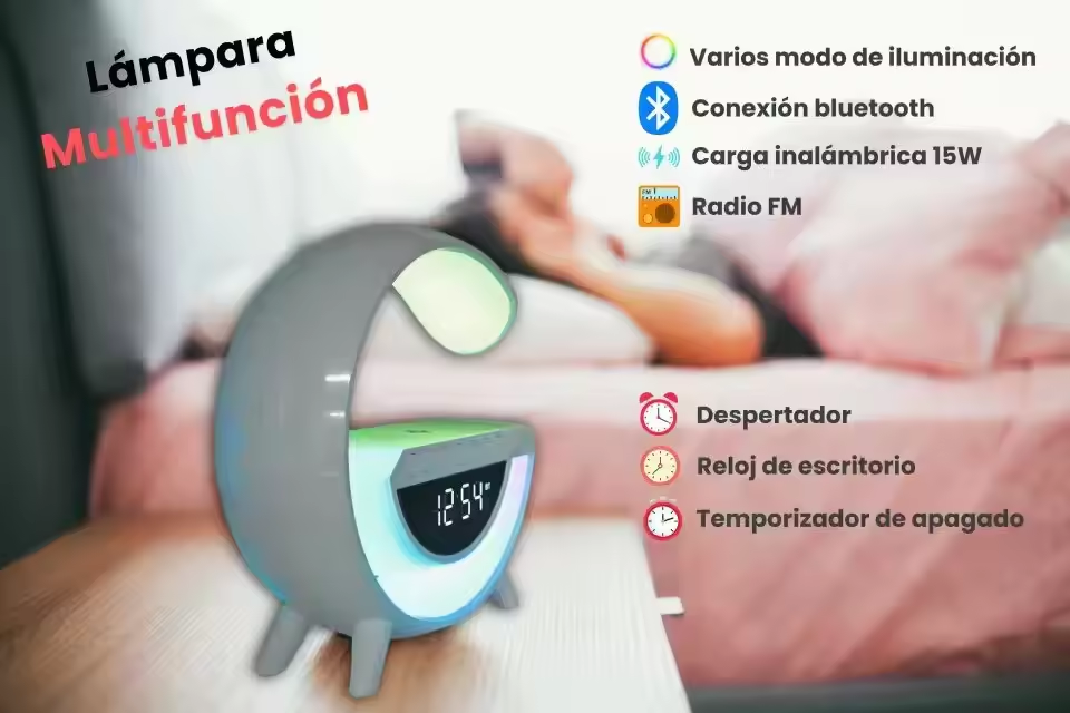 Lámpara de Mesa LED en forma G, con varias funciones alarma, cargador, altavoz y lámpara.