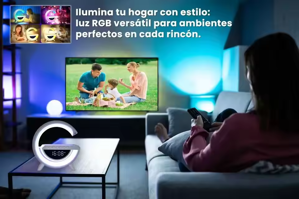 Lámpara de Mesa LED en forma G, con varias funciones alarma, cargador, altavoz y lámpara.