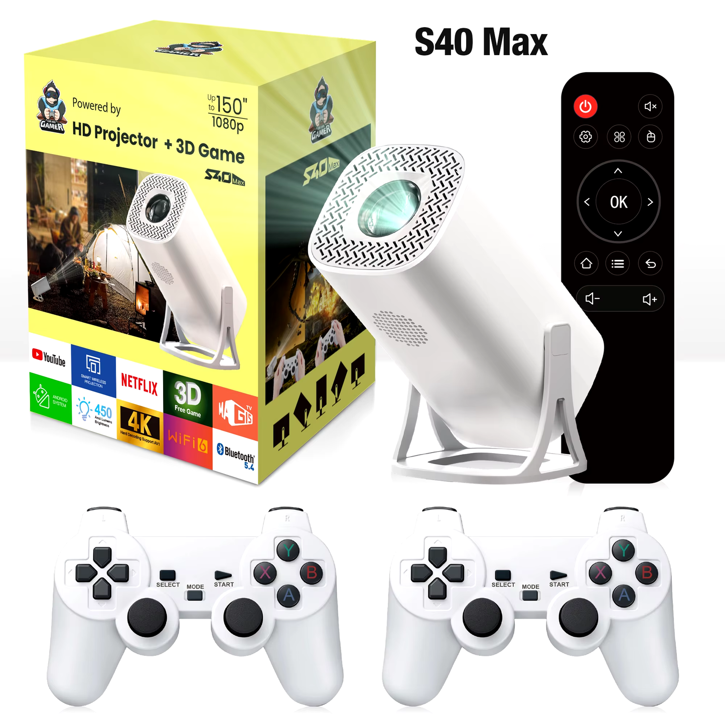 Proyector Max 4K HD 1080P Bluetooth Android 11 Proyector con 2 controladores de juegos inalámbricos 3000 juegos integrados