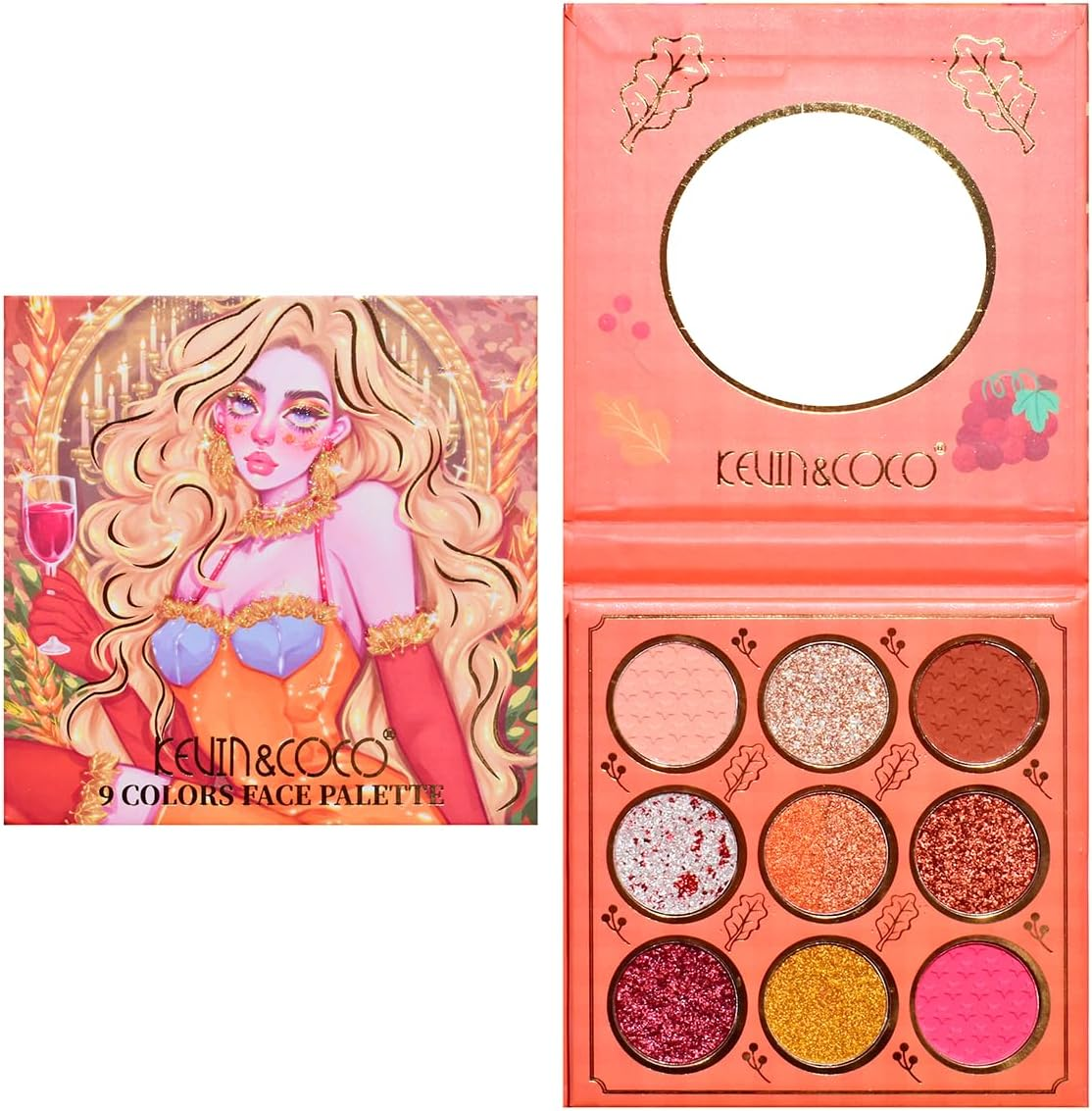 Paleta de Sombra de Ojos en Polvo KEVIN & COCO Orange de 9 Colores y Coloretes