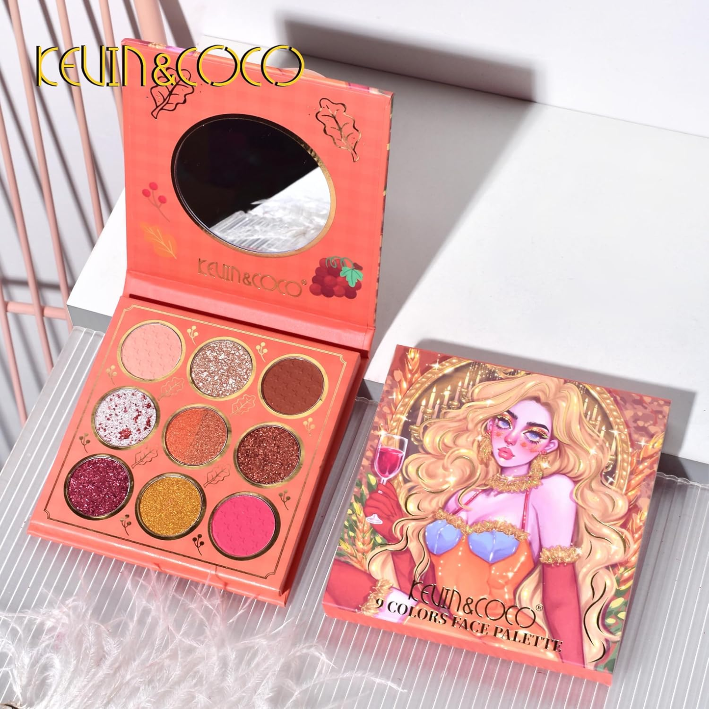 Paleta de Sombra de Ojos en Polvo KEVIN & COCO Orange de 9 Colores y Coloretes