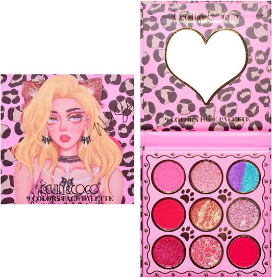 Paleta de Sombra de Ojos en Polvo KEVIN & COCO Pink de 9 Colores y Coloretes