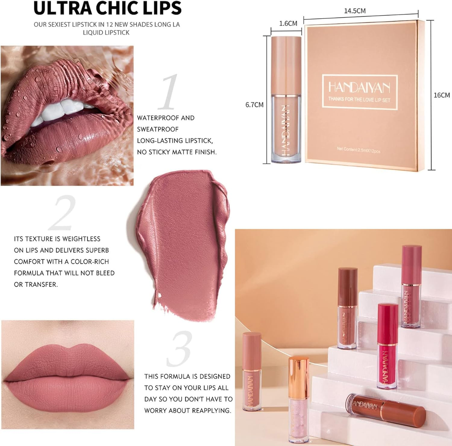 Handaiyan 12 Piezas Labiales Liquidos Mate Larga Duracion Ideal Regalo San Valentín Cumpleaños para Mujeres Novia